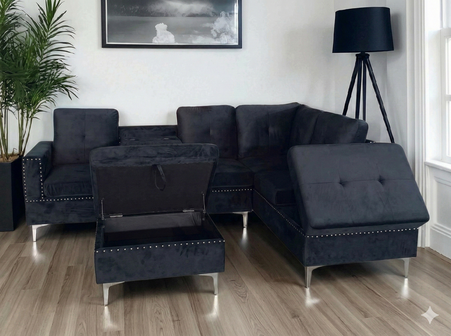 Black Velvet 6 Seater Sofa