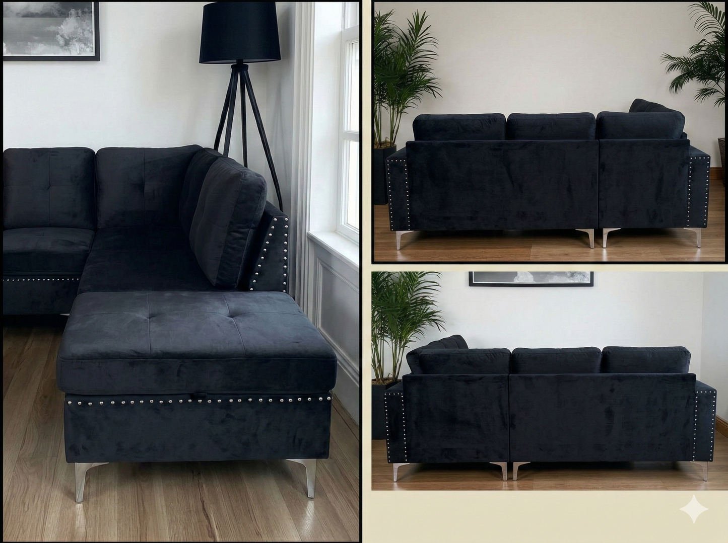 Black Velvet 6 Seater Sofa