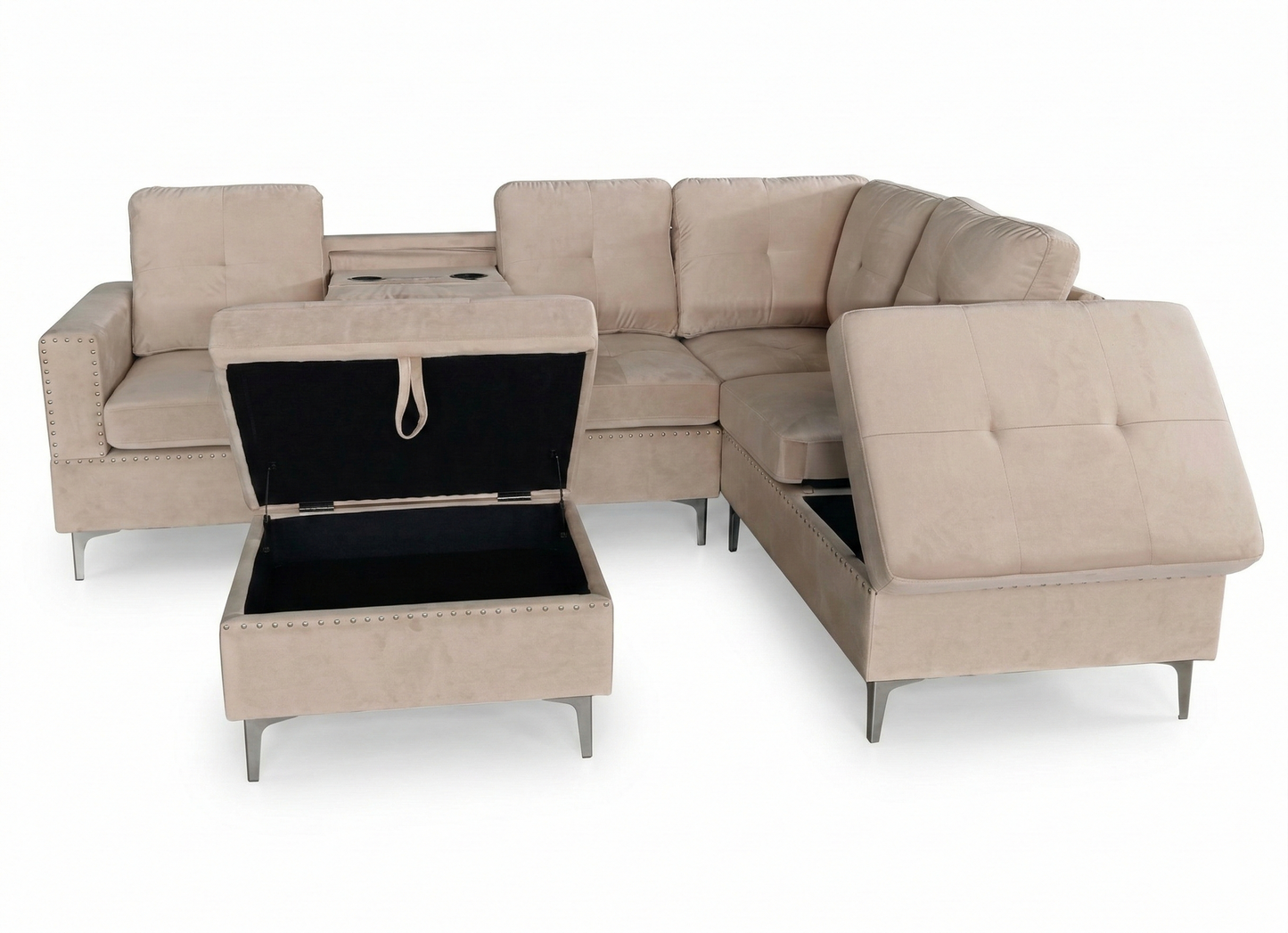 Beige Velvet 6 Seater Sofa