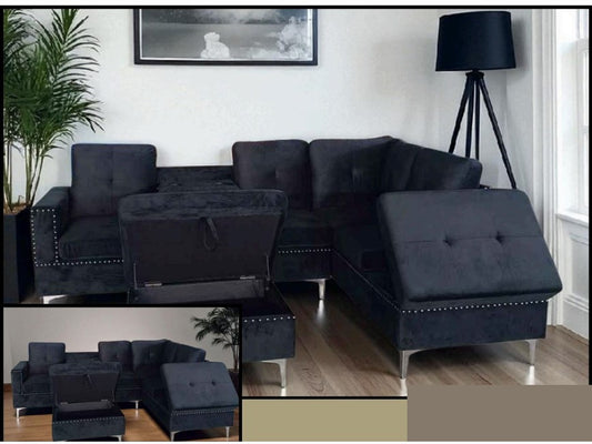 Black Velvet 6 Seater Sofa