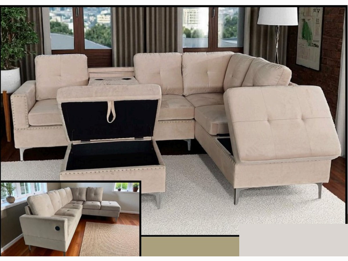 Beige Velvet 6 Seater Sofa